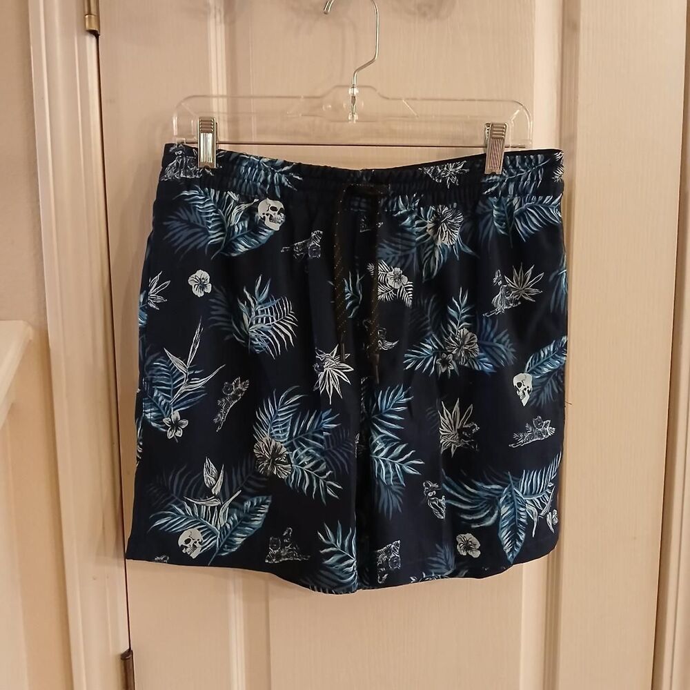 Reel Life Vortex Swim Trunks Blue Skulls Luau Girl Tropical Flower Leaves M Y2K